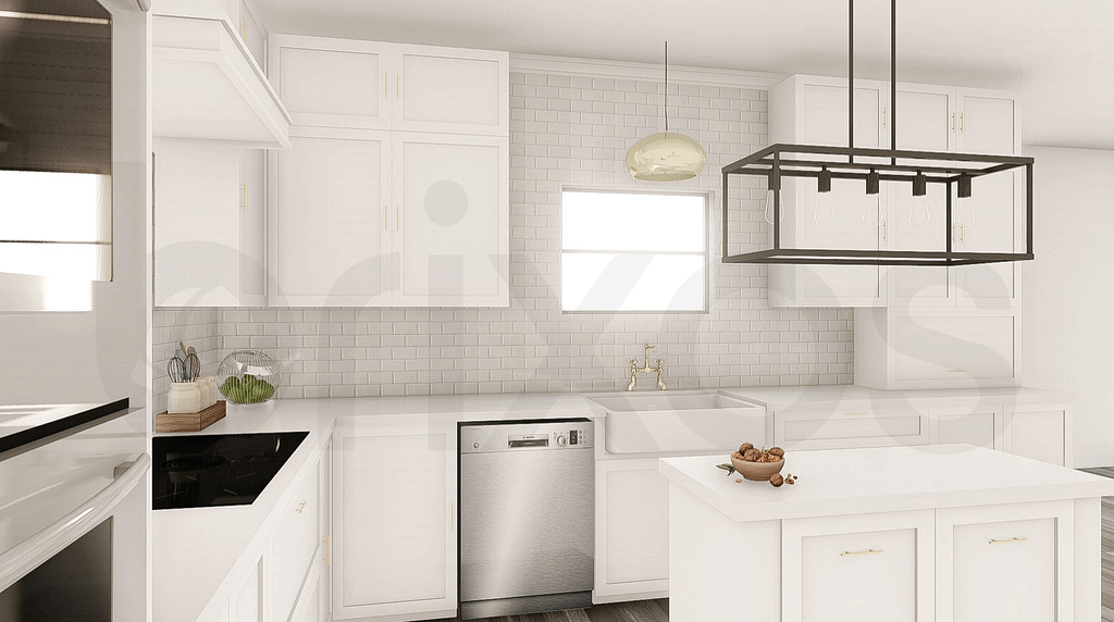 Brixos General Contractor Kitchen Remodel Renderings with all white marble and gold kitchen